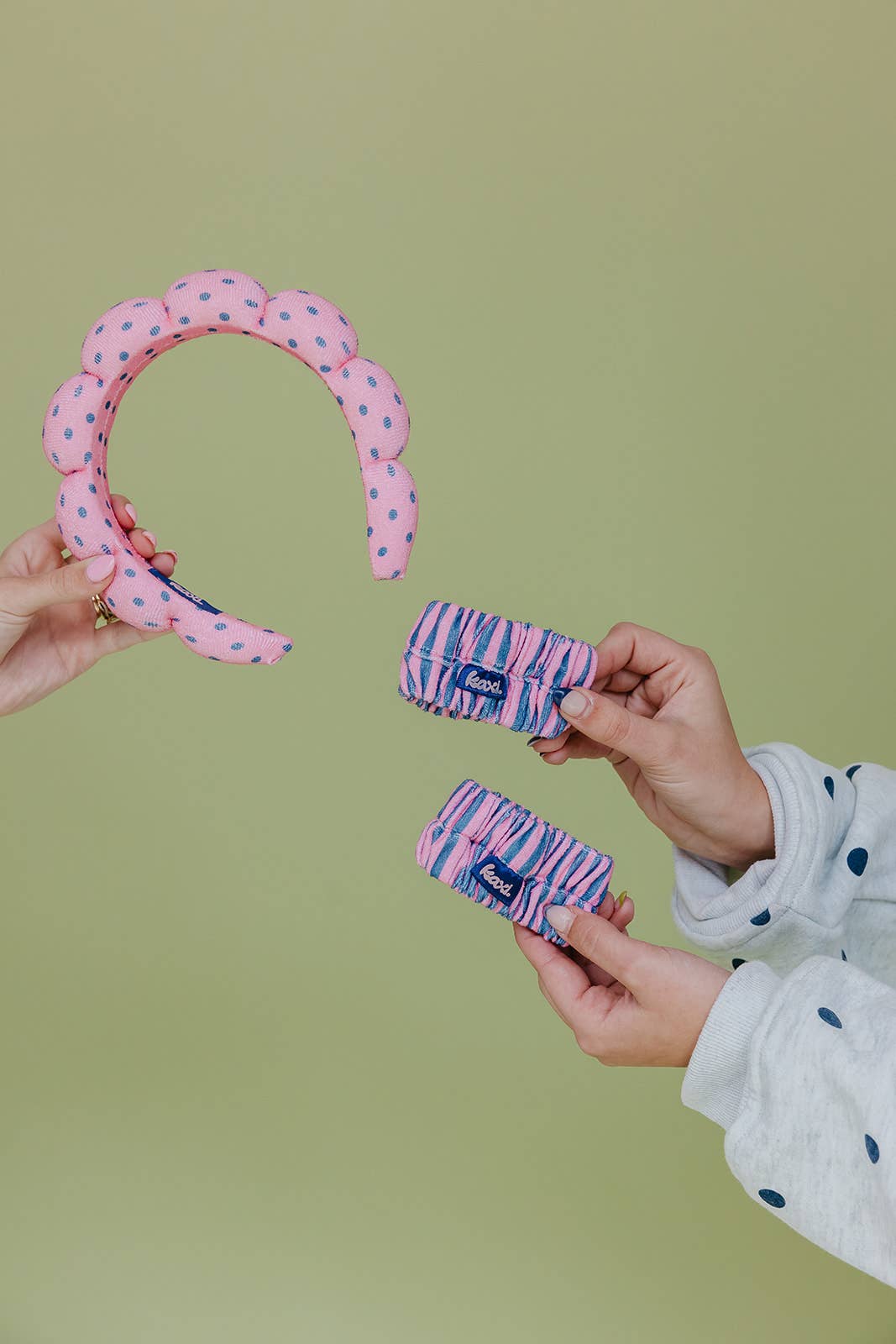 GRWM HEADBAND & WRISTBAND SET: PINK & BLUE POLKA DOT