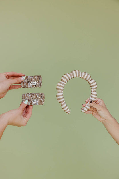 GRWM HEADBAND & WRISTBAND SET: CREAM & BROWN STRIPED / WITH WRISTBANDS