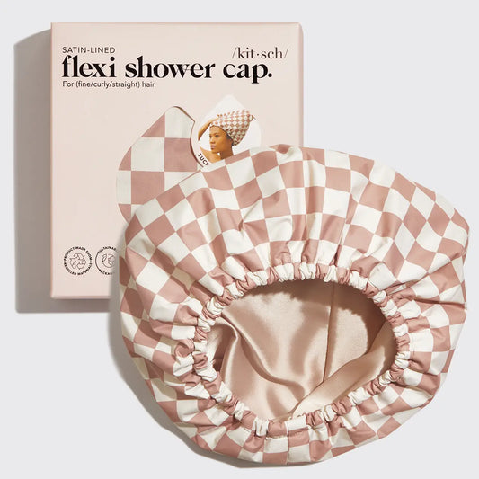 Satin Lined Flexi Shower Cap - Terracotta Checkered